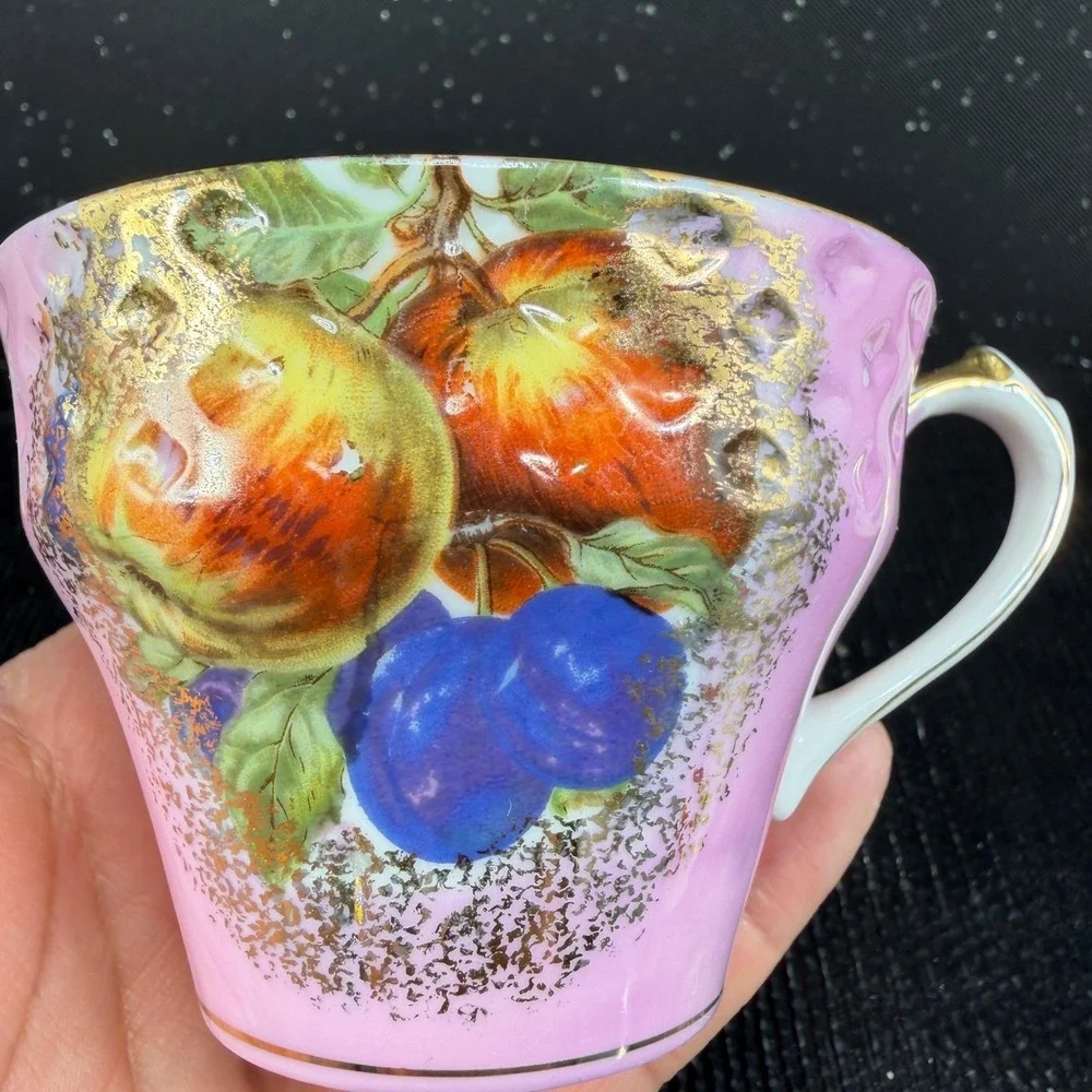 Royal Halsey Very Fine Pink Fruit Reticulated Tea Cup and Saucer Set Gold Gilt
